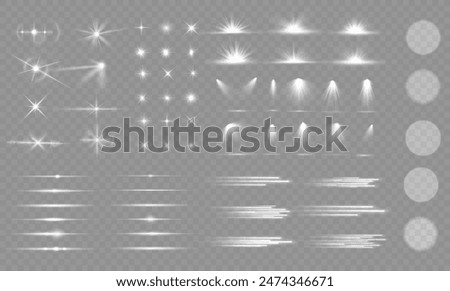 Light effect set. Glow isolated white transparent light effect set, lens flare, explosion, glitter, dust, line, sun flash, spark and stars, spotlight, curve twirl. Sunlight, abstract special effect.