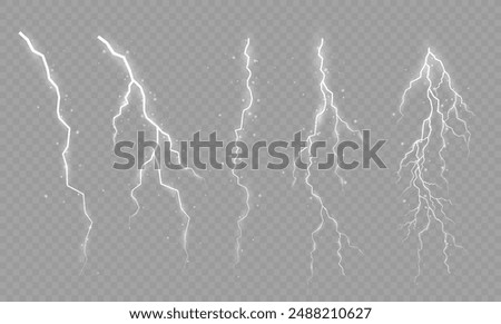 Lightning. Thunder storm realistic lightning. Bright light effects. Lightning bolt set Magic and bright light effects. Vector illustration	