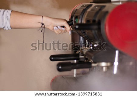 Girl Makes Mug Espresso Coffee Machine Woman Testing Machine Girl Makes Mug Espresso Coffee Machine Woman Testing Machine