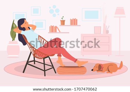 Young woman sitting and relaxing on a retro chair in her living room at home and cute dog sleeping on the floor next to a girl feet. Resting at home concept. Vector illustration flat style