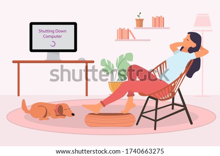 Woman resting in a chair and personal computer shutting down in a living room at home. Digital detoxing concept. Copy space for design or text. Flat style vector illustration