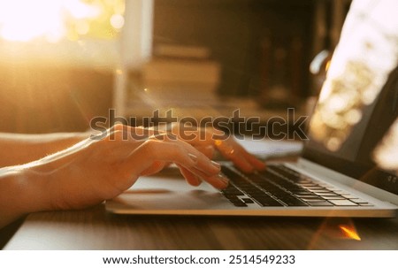 Image, Stock Photo Close up shot of positive redhead woman with freckled skin and toothy smile, concentrated at display of laptop computer, satisfied with online business, checks received message, has remote job