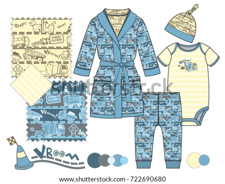 Boys' fashion Illustration with seamless patterns / Three  seamless patterns saved in Pattern Swatch for textile or paper product /Isolated vector flat sketches and design elements in separate layers