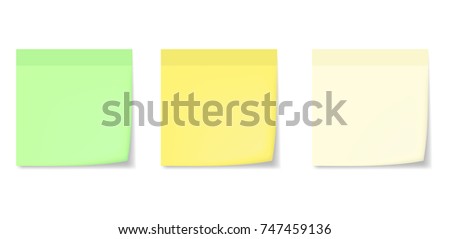 Realistic yellow, green and white memo stickers with shadow and curled corner mockup. Vector sticky notes paper sheets templates, reminders.