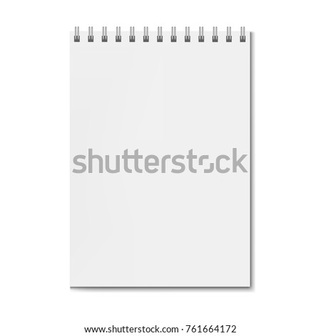 Realistic square spiral notebook mockup, sketchbook on spiral binder blank cover. Clear notepad front page or clean page with shadow template 
