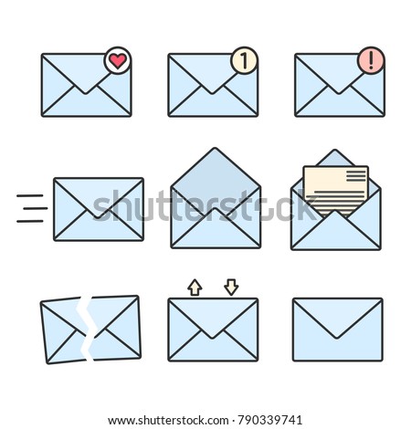 Set of blue flat envelopes with message signs. Close and open vector mail symbols with letter, document, notification, download, send, heart signs for mobile app design