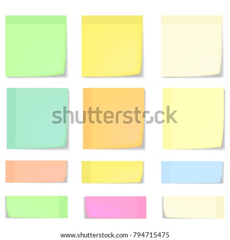 Big set of realistic blue, pink, yellow, green and white memo stickers with shadow and curled corner mockup. Vector colorful sticky notes paper sheets templates, reminders 