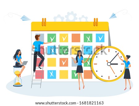 Planning schedule, calendar or planner concept. Teamwork and effective time management. Team of business people filling the schedule in the timetable. Can use for web banner, presentation, mobile app