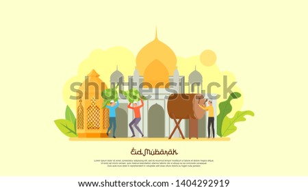 Happy eid mubarak with people character concept. Islamic design for Landing page templates, kids Book Illustration, Banners, Card Invitation, Poster and Social media. Imagine de stoc © 