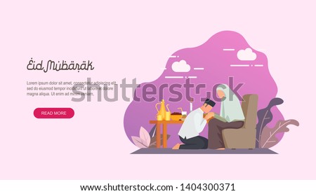 Happy eid mubarak with people character concept. Islamic design for Landing page templates, kids Book Illustration, Banners, Card Invitation, Poster and Social media. Imagine de stoc © 