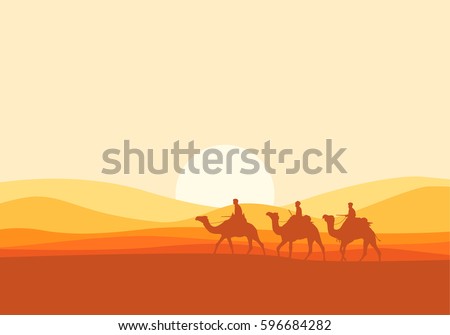 Camel caravan going through the desert vector illustrstion can use for islamic background, banners, poster, website, social and print media.