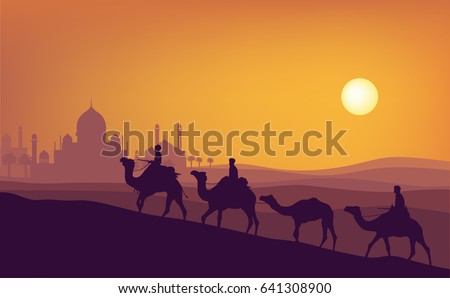 Ramadan kareem sunset illustration. A man ride camel silhouette with sunset mosque, coconut tree, and sun background in ramadan moment