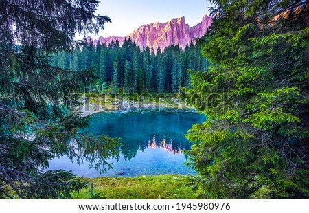Mountain forest lake water view. Forest lake in mountains. Mountain forest lake landscape
