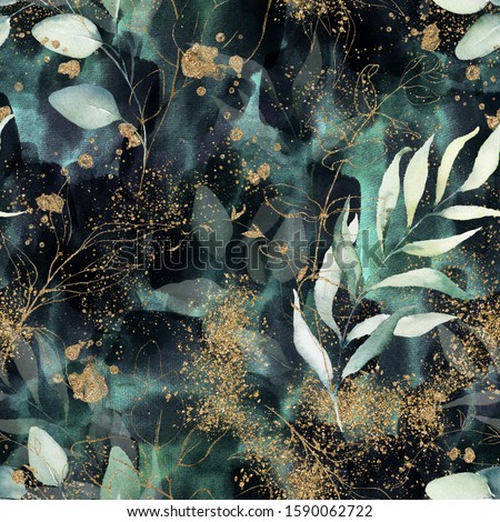 Seamless pattern. Floral branch on gold, dark, navy, purple, emerald, green and turquoise watercolor texture design. Rough brush stroke. Illustration. Liquid, water, fluid, cloud, abstract background.