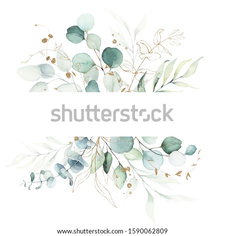 Watercolor floral illustration - green and gold leaf frame / border, for wedding stationary, greetings, wallpapers, fashion, background. Eucalyptus, olive, green leaves, etc.