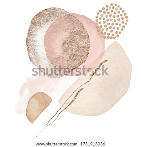 Arrangements. Blush, pink, ivory, beige watercolor Illustration and gold elements, on white background. Abstract modern print set. Logo. Wall art. Poster. Business card.