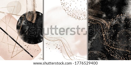 Abstract Arrangements. Galaxy, space. Posters. Terracotta, blush, pink, ivory, beige watercolor Illustration and gold elements, on white background. Modern print set. Logo. Wall art. Business card.