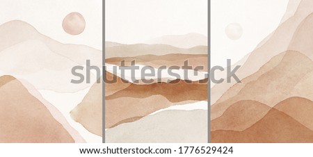 Abstract Arrangements. Landscapes, mountains. Posters. Terracotta, blush, pink, ivory, beige watercolor Illustration and gold elements, on white background. Modern print set. Wall art. Business card.