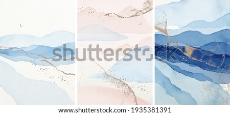 Abstract Arrangements. Landscapes, mountains. Posters. Blue, navy, gold, blush, pink, ivory, beige watercolor Illustration, background. Modern print set. Wall art. Business card. Printable. Pastel.