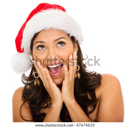 Similar – Image, Stock Photo Young woman in christmassy clothes looks smiling at a christmas present