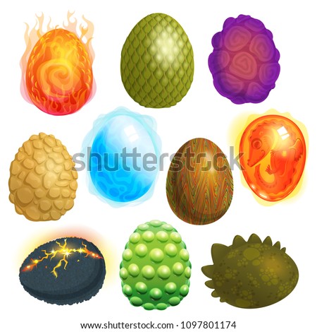 Dragon eggs vector cartoon egg-shell and colorful egg-shaped easter symbol illustration set of fantasy dinosaur egghead isolated on white background