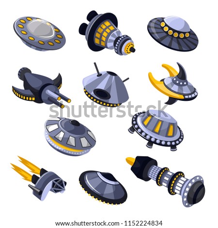 Rocket vector spaceship or spacecraft and spacy ufo illustration set of spaced ship or rocketship in universe space isolated on white background