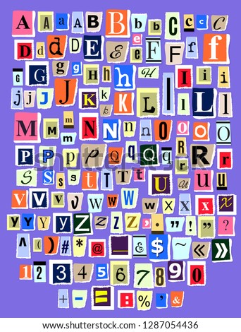 Alphabet collage ABC vector alphabetical font letter cutout of newspaper magazine and colorful alphabetic handmade cutting text newsprint illustration alphabetically typeset isolated on background