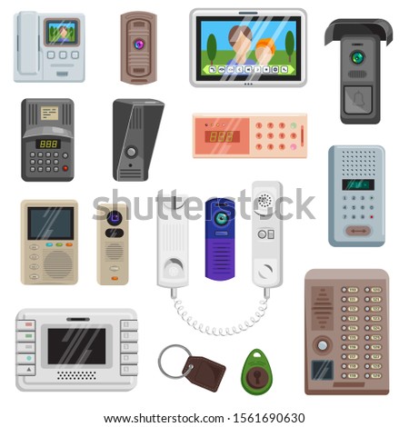 Intercom vector on-door communication equipment in house illustration set of door entrance protection security safety system access doorbell video technology key trinket isolated on white background