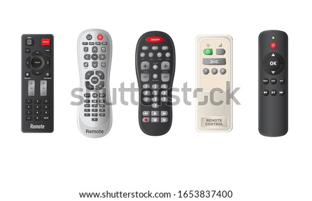 Remote TV controls buttons isolated vector illustration. Wireless power media device to switch channel programmes remotely. Universal plastic controller technology equipment in realistic style.