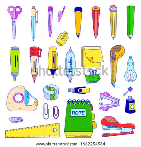 Office stationery line business assortment accessories vector stationer illustration isolated on white. Workplace education with scissors, pen, pencil, ruler. Marker, sharpener, notebook, and