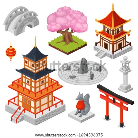 Isometric Japan vector illustration. Cartoon 3d Japanese travel city landmark, oriental pagoda house temple, asian bridge. Traditional garden, cherry sakura tree, Japan tourism icons isolated on white