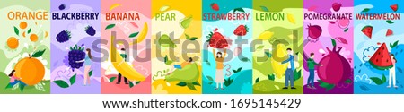 Tiny people with fruits vector illustration. Cartoon girl boy character holding healthy juice food, orange, blackberry, banana. Strawberry, watermelon, fruity summer advertising poster vertical set