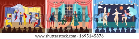 Actors on theater stage vector illustration. Cartoon flat character play act or scene of drama show in theatre interior, acting people in opera performance, audience watching theatrical premiere set