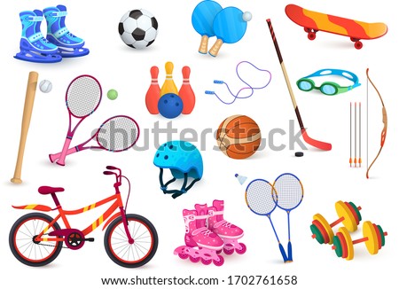 Sport object set isolated on white, active hobby game items and accessories, vector illustration. Children sport activity leisure, football, badminton racket and roller skates. Hobby game object icons