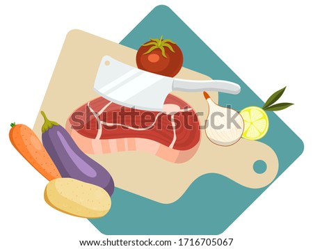Cooking meat, vegetables food preparation isolated on white, flat vector illustration. Cutting board foodstuff product, kitchen cleaver cut steak potatoes eggplant tomato onion and carrot.