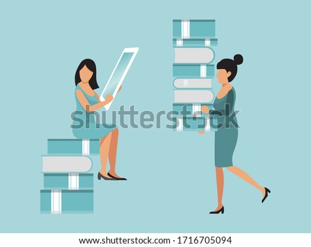 Online book library, character woman on sitting volume stock tablet device, female carrying pile tom flat vector illustration. Internet collection ebook, design remove booklet depository.