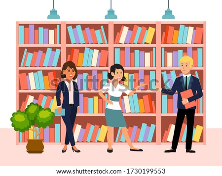 Book library, character people woman man standing volume, female male carrying pile tom flat vector illustration. Public business book depository, cozy place for reading writing, flower pot.