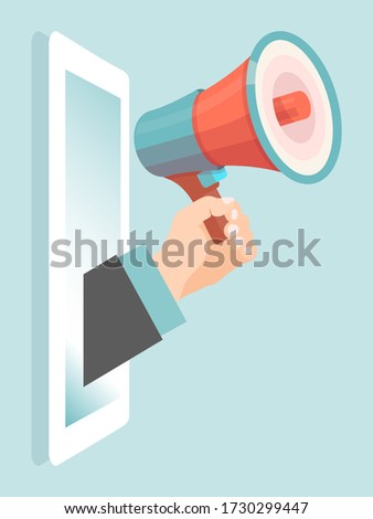 Male hand hold megaphone concept banner isolated on blue, flat vector illustration. Mobile phone device and smartphone gadget, fast online supply information. Information statement.