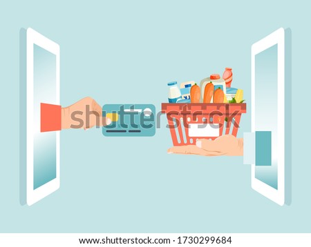 Male hand hold debit credit card, smartphone gadget online foodstuff order isolated on blue, flat vector illustration. Modern divace arm hold supermaster basket different grocery food.