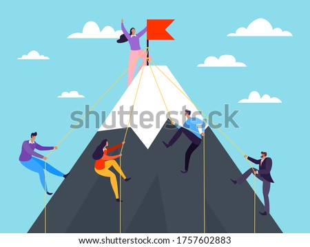 Business people climbing on mountain, vector illustration. Success achievement by flat leadership concept, climb career peak. Man woman climber character on rock, teamwork cartoon goal.