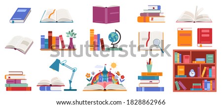 Books vector illustration set. Cartoon pile stack of textbooks on bookshelf, open and closed books, adventure story fairy tales literature to read at home or in library, bookstore isolated on white