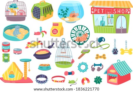 Pet shop for domestic animals care accessory objects and icons set of isolated vector illustrations. Cages, cats houses, bowls, wooden kennel dog-lead toys and brushes and pet shop facade.