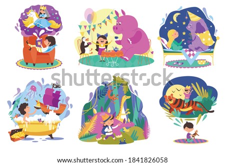 Kids imagination, fantasy world cartoon vector illustrations set. Children and cute monsters. Little boy, girls imagine magical fairytale creatures, riding dragon. Magical dreams, imaginable animals.