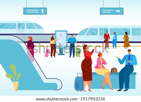 Modern city, public transport, high-speed train for comfortable travel, urban vehicle on rails, cartoon style vector illustration. Men and women on railway station platform, commute to work in subway.