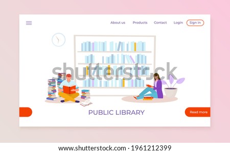 Public library landing web banner, people character sitting floor read textbook, university book depository flat vector illustration.