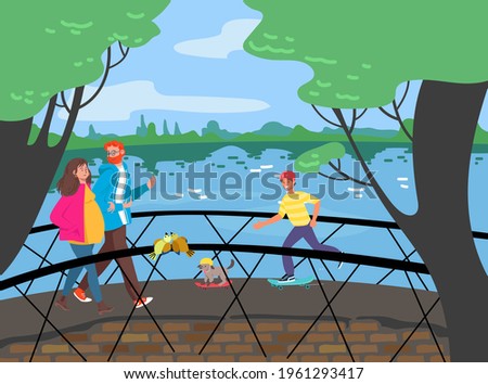 Cheerful people walking bridge across river, stroll urban garden park, outdoor relaxing romantic pond place flat vector illustration.