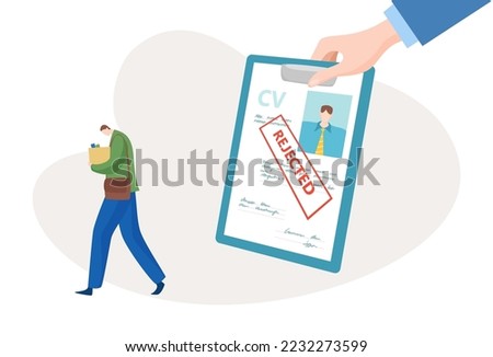 Dismissed employee tiny male character, human resources career problem, rejected specialist flat vector illustration, isolated on white.