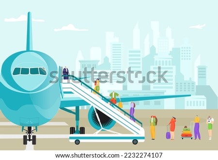 Group of people walk upstairs plane ramp, concept travel time preparation take off passenger airplane flat vector illustration.