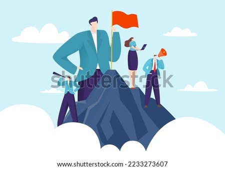 Businessman leader hold flag successful business, colleague employee together teamwork flat vector illustration, conquer peak.
