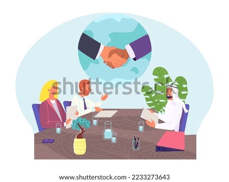 International business negotiating, businessman foreign handshake arab country flat vector illustration, isolated on white.